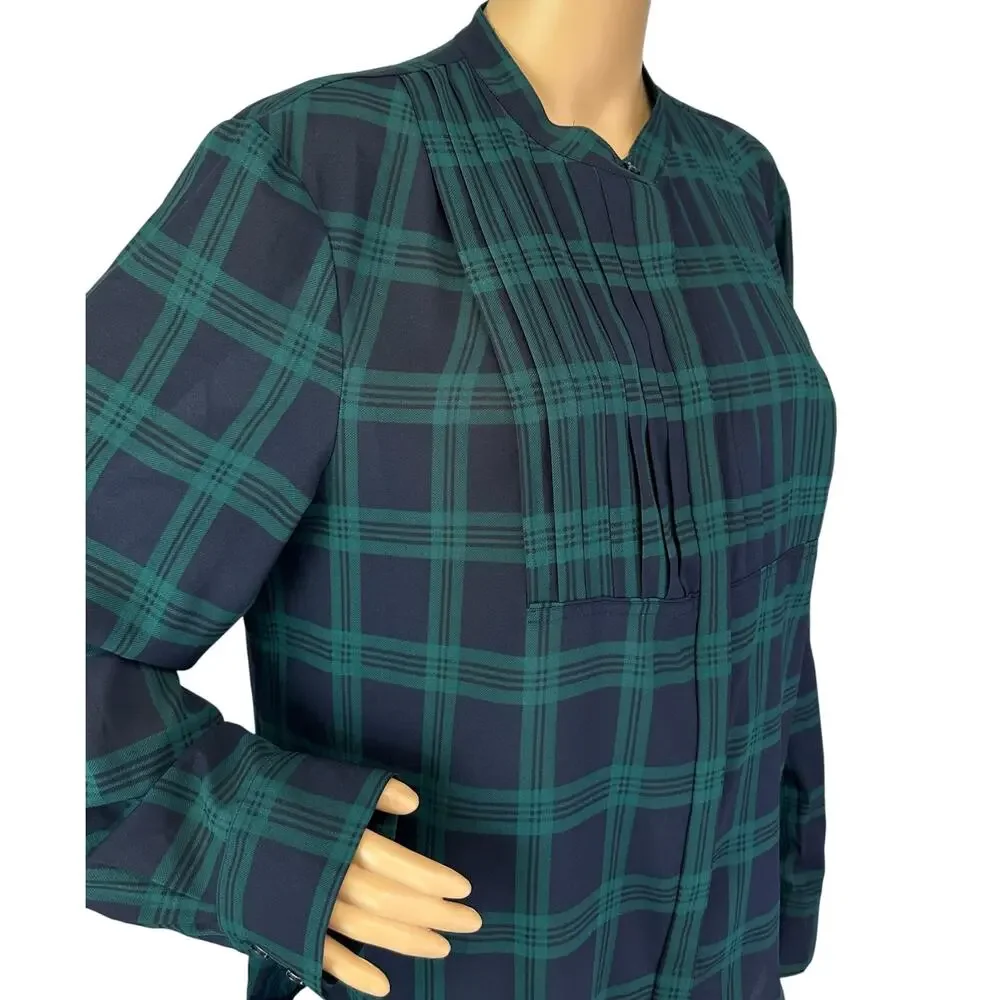 J. Crew Drapey Tuxedo Bib Blouse in Navy Green Plaid E5598 Size XL